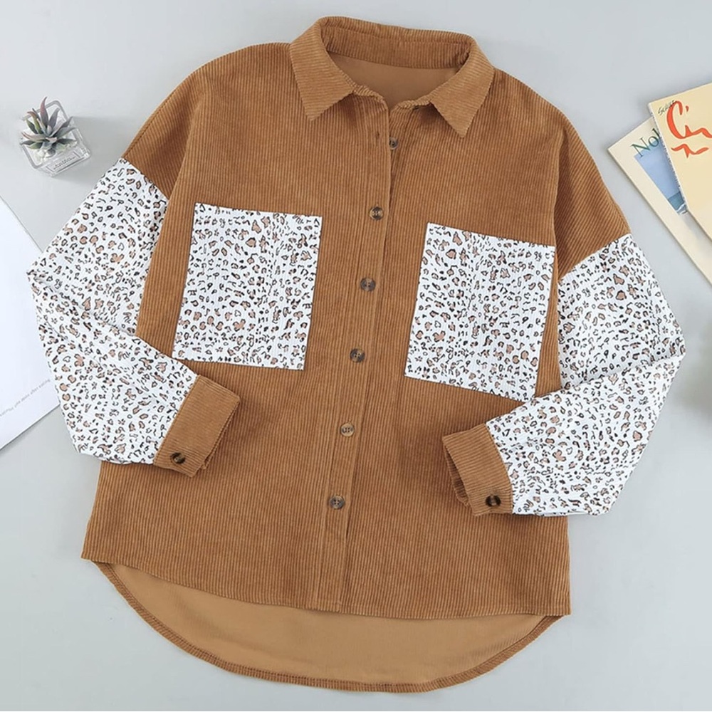 Corduroy Jacket Womens Oversize Leopard Patch Long Sleeve Lapel Button Down
